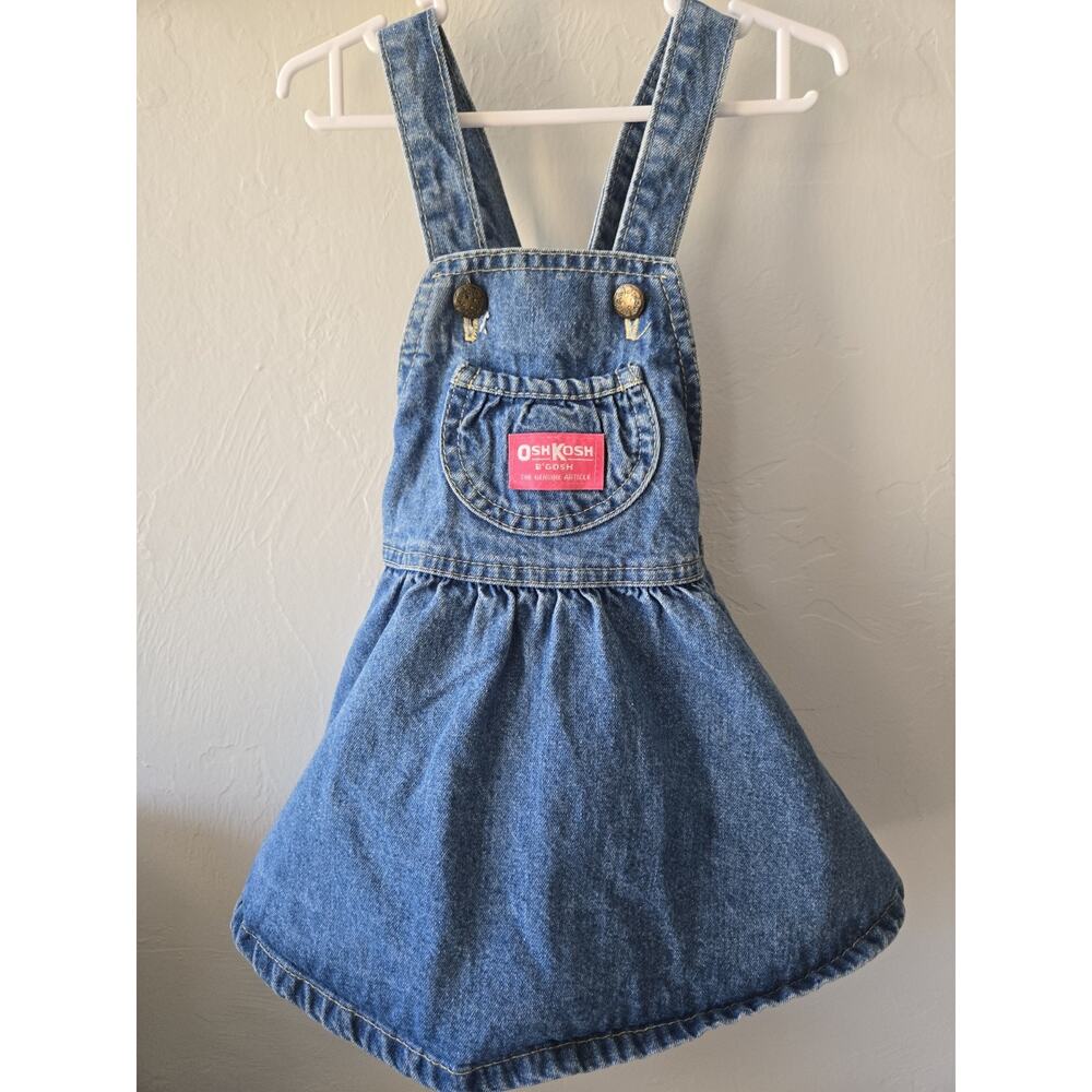Vintage OshKosh B'gosh Girls Size 24 Months Blue Denim Vestbak Overall Dress